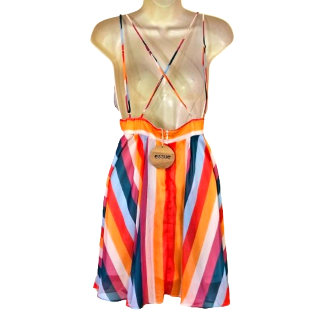 ESSUE Red/Orange Multi-Color Striped Deep Plunge Strappy Mini Dress,Large,NWT - Picture 3 of 16